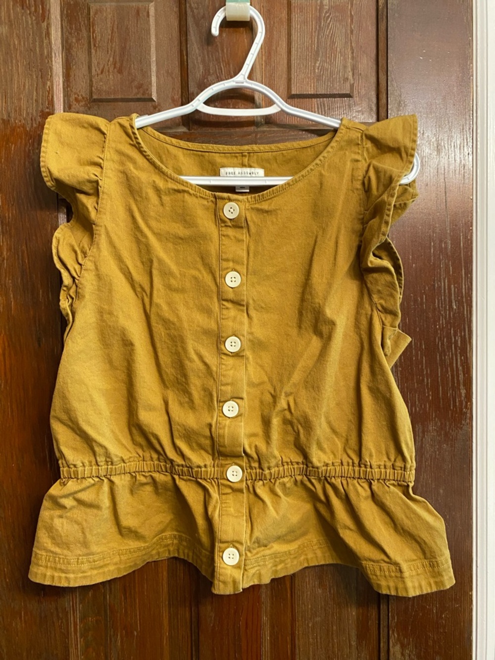 Free Assembly Mustard Button-Front Ruffle Peplum Top